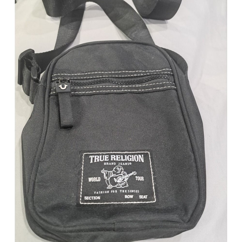 True Religion Crossbody Bag Black Canvas World Tour Logo Adjustable Strap